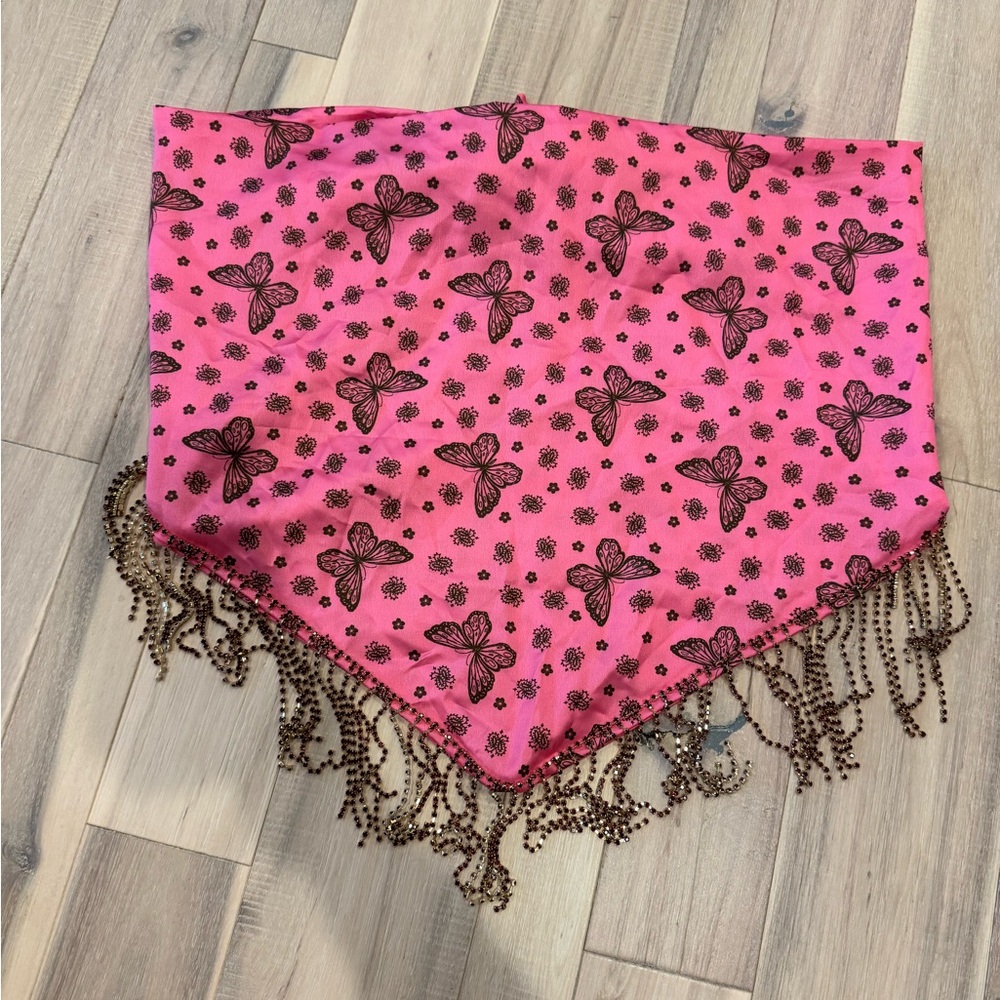 Pink Butterfly Beaded Fringe Scarf - Women Accessories